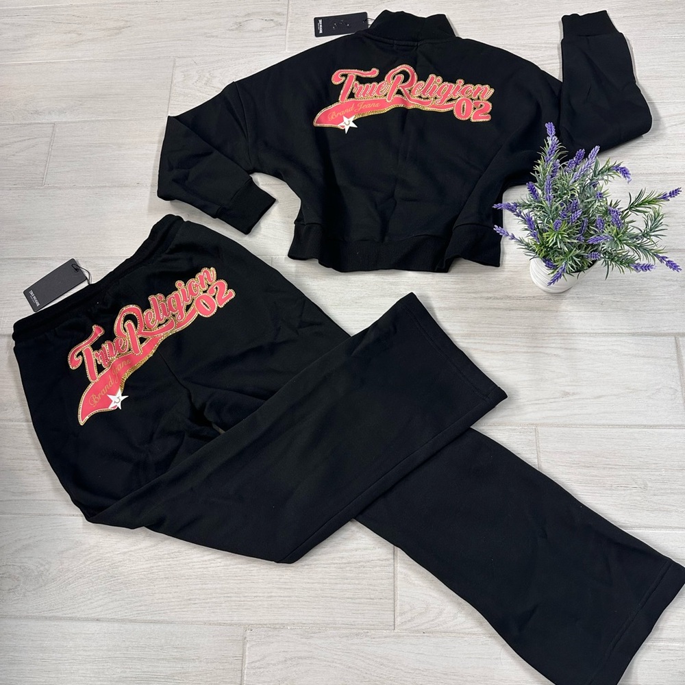 True Religion Black Jacket with Red and Gold rhinestones logos M
